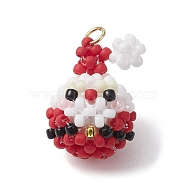 Christmas Theme Handmade Glass Seed Beads Woven Pendants, with Jump Rings, Santa Claus Charms, Red, 20x14mm, Hole: 2mm(PALLOY-MZ00215)