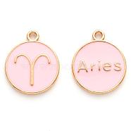 Alloy Enamel Pendants, Cadmium Free & Lead Free, Flat Round with Constellation, Light Gold, Pink, Aries, 22x18x2mm, Hole: 1.5mm(X-ENAM-S124-01A-09A)