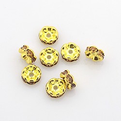 Brass Rhinestone Spacer Beads, Grade A, Rondelle, Golden and Nickel Free, Goldenrod, about 8mm in diameter, 3.8mm thick, hole: 1.5mm(RSB030NF-05G)