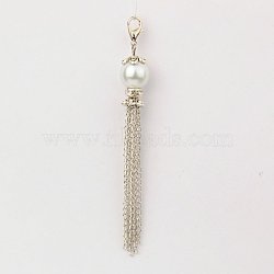 Glass Pearl Tassel Pendant Decorations, with Iron Chains, Brass Rhinestone Beads and Alloy Lobster Claw Clasps  , White, 90~95mm(X-HJEW-JM00146-01)