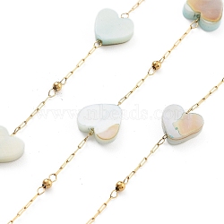 Handmade Heart Natural Shell Beaded Chains, with Ion Plating(IP) 304 Stainless Steel Paperclip Chains, Unwelded, Real 18K Gold Plated, 2.2x1x0.5mm(CHS-P019-05G)