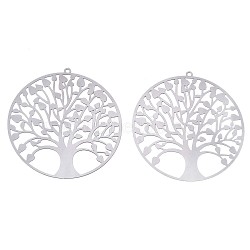 201 Stainless Steel Filigree Pendants, Etched Metal Embellishments, Flat Round with Tree of Life, Stainless Steel Color, 47x45x0.3mm, Hole: 1.4mm(STAS-R102-37P)