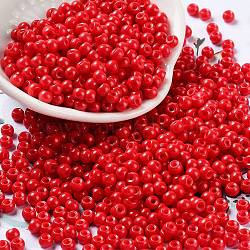 Baking Paint Glass Seed Beads, Round, Red, 4x3mm, Hole: 1.2mm, about 7650pcs/pound(SEED-H002-I-A513)