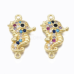 Brass Micro Pave Cubic Zirconia Links Connectors, Nickel Free, Real 16K Gold Plated, Sea Horse, Colorful, 23.5x13x3mm, Hole: 1.4mm(ZIRC-N039-114A-NF)
