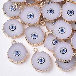 Druzy Resin Pendants, with Edge Light Gold Plated Iron Loops, Flat Round with Eye, Gainsboro, 20~23x17~18x5mm, Hole: 1.8mm(RESI-S383-011D)