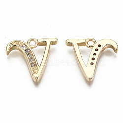 Brass Micro Pave Clear Cubic Zirconia Pendants, Nickel Free, Real 18K Gold Plated, Word, Letter.V, 14x15x2mm, Hole: 1.5mm(KK-S360-053V-NF)