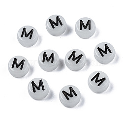 Acrylic Beads, with Enamel and Luminous, Horizontal Hole, Flat Round with Black Letter, Glow in the Dark, Light Grey, Letter.M, 7x3.5mm, Hole: 1.5mm, about 3600~3700pcs/500g(SACR-S273-29M)