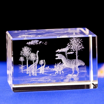 3D Inner Carved Sea Animal Glass Ornaments, for Home Office Desktop Decoration, Cuboid, Dinosaur, 30x30x45mm