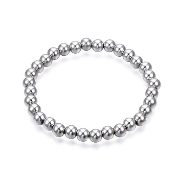 201 Stainless Steel Round Beaded Stretch Bracelet for Men Women, Stainless Steel Color, Inner Diameter: 2-1/4 inch(5.7cm), Beads: 7mm