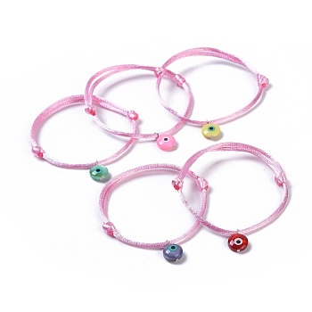 Adjustable Nylon Cord Bracelets, with Freshwater Shell Beads, Evil Eye, Pink, 1-5/8 inch~3-3/8 inch(4~8.5cm)