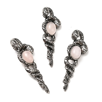 Natural Rose Quartz Big Pendants, Snake Charms, with Rack Plating Antique Silver Tone Alloy Findings, Cadmium Free & Lead Free, 61.5x20x13mm, Hole: 8x5.5mm