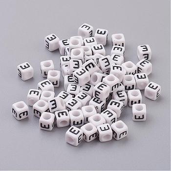 Acrylic Horizontal Hole Letter Beads, Cube, White, Letter E, Size: about 6mm wide, 6mm long, 6mm high, hole: about 3.2mm, about 2600pcs/500g