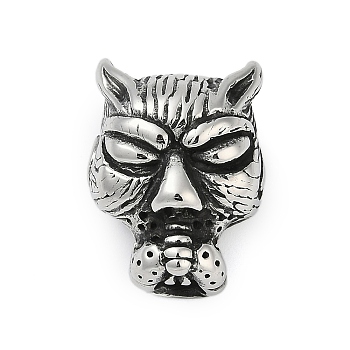 304 Stainless Steel European Beads, Large Hole Beads, Cheetah Head, Antique Silver, 22.5x17.5x14.5mm, Hole: 5.5x5mm