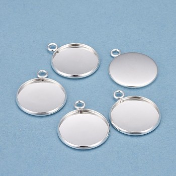 304 Stainless Steel Pendant Cabochon Settings, Plain Edge Bezel Cups, Flat Round, Silver, Tray: 20mm, 27x22x2mm, Hole: 3mm