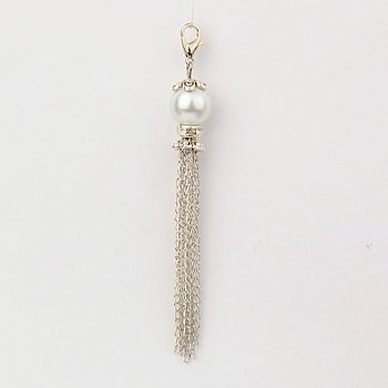 Glass Pearl Tassel Pendant Decorations, with Iron Chains, Brass Rhinestone Beads and Alloy Lobster Claw Clasps  , White, 90~95mm
