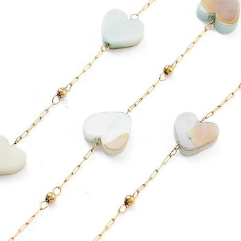 Handmade Heart Natural Shell Beaded Chains, with Ion Plating(IP) 304 Stainless Steel Paperclip Chains, Unwelded, Real 18K Gold Plated, 2.2x1x0.5mm