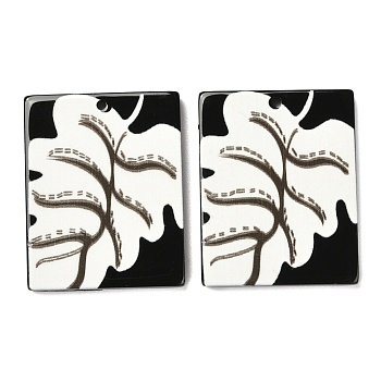 Opaque Acrylic Pendants, Black & White, Rectangle with Leaf, Black, 32x26x3mm, Hole: 1.6mm