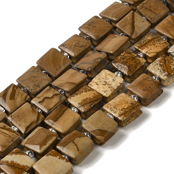 Natural Wood Lace Stone Beads Strands, Square, with Seed Beads, 10~10.5x10~10.5x5~5.5mm, Hole: 1.6mm, about 32pcs/strand, 15.16~15.35 inch(38.5~39cm)