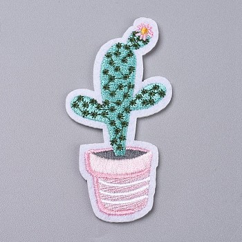Computerized Embroidery Cloth Iron on/Sew on Patches, Costume Accessories, Appliques, for Backpacks, Clothes, Cactus, Green, 80x39x1.5mm