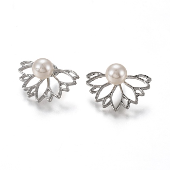 Alloy Stud Earrings, Front Back Stud Earrings, with Plastic Imitation Pearl Beads and Ear Nuts, Flower, Platinum, 16x24.5x1.5mm, Pin: 0.8mm