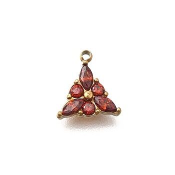 304 Stainless Steel Pendants, with Cubic Zirconia, Triangle Charms, Ion Plating(IP), Golden, Red, 8x7x2mm, Hole: 0.8mm