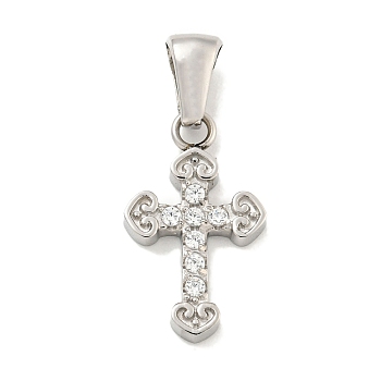304 Stainless Steel Cubic Zirconia Pendants, Cross Charm, Stainless Steel Color, 18x10.5x2.5mm, Hole: 6x3mm