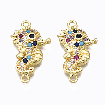 Brass Micro Pave Cubic Zirconia Links Connectors, Nickel Free, Real 16K Gold Plated, Sea Horse, Colorful, 23.5x13x3mm, Hole: 1.4mm