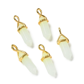 Luminous/Glow Bullet Glass Pointed Pendants, with Golden Tone Brass Findings, Lead Free and Cadmium Free, Azure, 28~29.5x9~9.5x8mm, Hole: 4.5x3mm