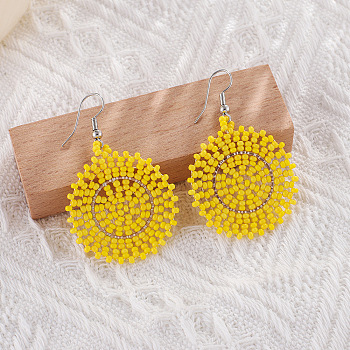 Glass Seed Braided Dangle Earrings for Women, Bohemian Style, Flat Round, Yellow, 53x35mm