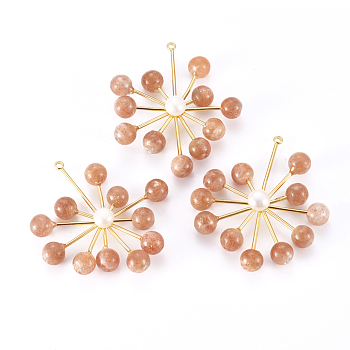 Natural Sunstone Cluster Pendants, with Natural Pearl and Golden Plated Brass Peg Bails, Flower, 46~48x39~42x7mm, Hole: 1.6mm