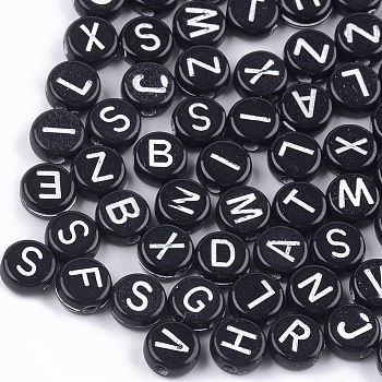 Craft Style Acrylic Beads, Horizontal Hole, Flat Round with Letter, Black, 7x3mm, Hole: 1.5mm, about 4100pcs/500g