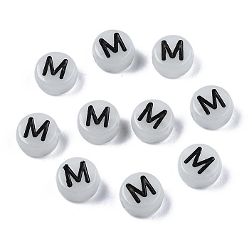 Acrylic Beads, with Enamel and Luminous, Horizontal Hole, Flat Round with Black Letter, Glow in the Dark, Light Grey, Letter.M, 7x3.5mm, Hole: 1.5mm, about 3600~3700pcs/500g