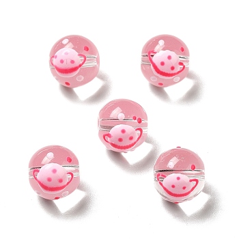 Handmade Lampwork Beads, Round with Planet Pattern, Pink, 12~12.5x13~13.5mm, Hole: 1.8~2mm
