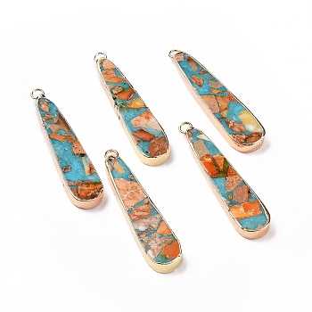 Dyed Natural Imperial Jasper Pendants, Teardrop Charms, with Brass Findings, Golden, 46x10x4.5mm, Hole: 2.5mm