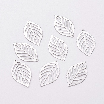 304 Stainless Steel Pendants, Leaf, Stainless Steel Color, 23.5x14x0.4mm, Hole: 0.8mm