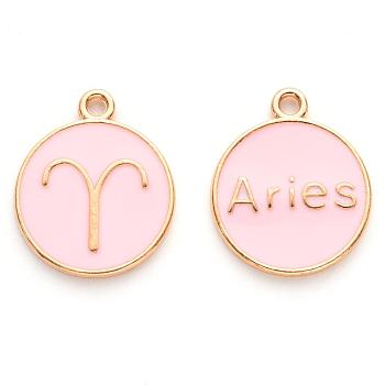 Alloy Enamel Pendants, Cadmium Free & Lead Free, Flat Round with Constellation, Light Gold, Pink, Aries, 22x18x2mm, Hole: 1.5mm