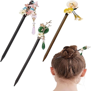 3Pcs 3 Styles Glass Hair Sticks, Hair Accessories for Women Girls, Flower, Mixed Color, 180mm, 1pc/style