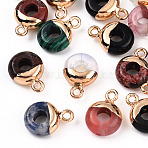 Natural & Synthetic Mixed Gemstones Flat Round/Donut Charms, with Rack Plating Golden Tone Brass Loops, 14x10mm(G-I347-M)