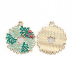 Alloy Enamel Pendants, for Christmas, Light Gold, Garland, Turquoise, 29x26x2mm, Hole: 2mm(ENAM-E569-14)