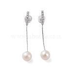 925 Sterling Silver Studs Earring, with Cubic Zirconia and Natural Pearl, Platinum, 38x7mm(EJEW-H002-06P)
