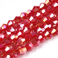 Opaque Solid Color Electroplate Glass Beads Strands, AB Color Plated, Faceted, Bicone, Crimson, 2.9~3.3x2.5mm, Hole: 0.7mm, about 145~150pcs/strand, 16.34~16.54 inch(41.5~42cm)(EGLA-A039-P2mm-B02)