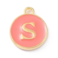 Golden Plated Alloy Enamel Charms, Enamelled Sequins, Flat Round with Alphabet, Letter.S, Hot Pink, 14x12x2mm, Hole: 1.5mm(X-ENAM-Q437-11S)