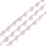 Brass Handmade Faceted Glass Beaded Chains, with Spool, Soldered, Long-Lasting Plated, Real 18K Gold Plated, Rondelle, Pink, 5.5x3.5mm, about 16.4 Feet(5m)/roll(CHC-F012-03A)