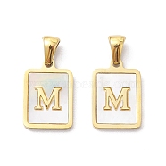 Ion Plating(IP) 304 Stainless Steel Pave Shell Pendants, Rectangle Charm, Real 18K Gold Plated, Letter M, 17.5x12x1.5mm, Hole: 3x5mm(X-STAS-G327-01G-M)