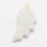Electroplate Natural Druzy Quartz Crystal Pendants, with Brass Findings, Golden, Wing, White, 29.5x14x3.5~6.5mm, Hole: 1.5mm(G-F535-19A)