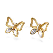 Brass Micro Pave Clear Cubic Zirconia Stud Earring Findings, Sterling Silver with Loop, Butterfly, Unplated, 11.5x13.5mm, Pin: 0.6mm, Hole: 1.2mm(KK-I666-18C-NF)