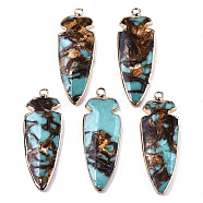 Assembled Bronzite and Synthetic Aqua Terra Jasper Pendants, with Edge Light Gold Plated Brass Findings, Teardrop, Turquoise, 47~47.5x17x4.5~5mm, Hole: 2mm(G-R481-11B)
