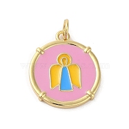Rack Plating Brass Enamel Pendants, with Jump Ring, Long-Lasting Plated, Cadmium Free & Lead Free, Real 18K Gold Plated, Flat Round with Angel Charm, Pink, 20.5x17.5x1.5mm, Hole: 3mm(KK-C052-35G-01)
