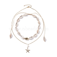 Starfish Pendant Neckelaces for Girl Women, Natural Cowrie Shell Beads Braided Necklaces, Golden, 19.21 inch(48.8cm), 4.06~8.46 inch(10.3~21.5cm), 2pcs/set(NJEW-JN03744)