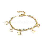 304 Stainless Steel Double Chains Multi-strand Bracelets, Heart & Bowknot 201 Stainless Steel Charm Bracelet for Women, Golden, 7-1/4 inch(18.4cm)(BJEW-C019-04G)